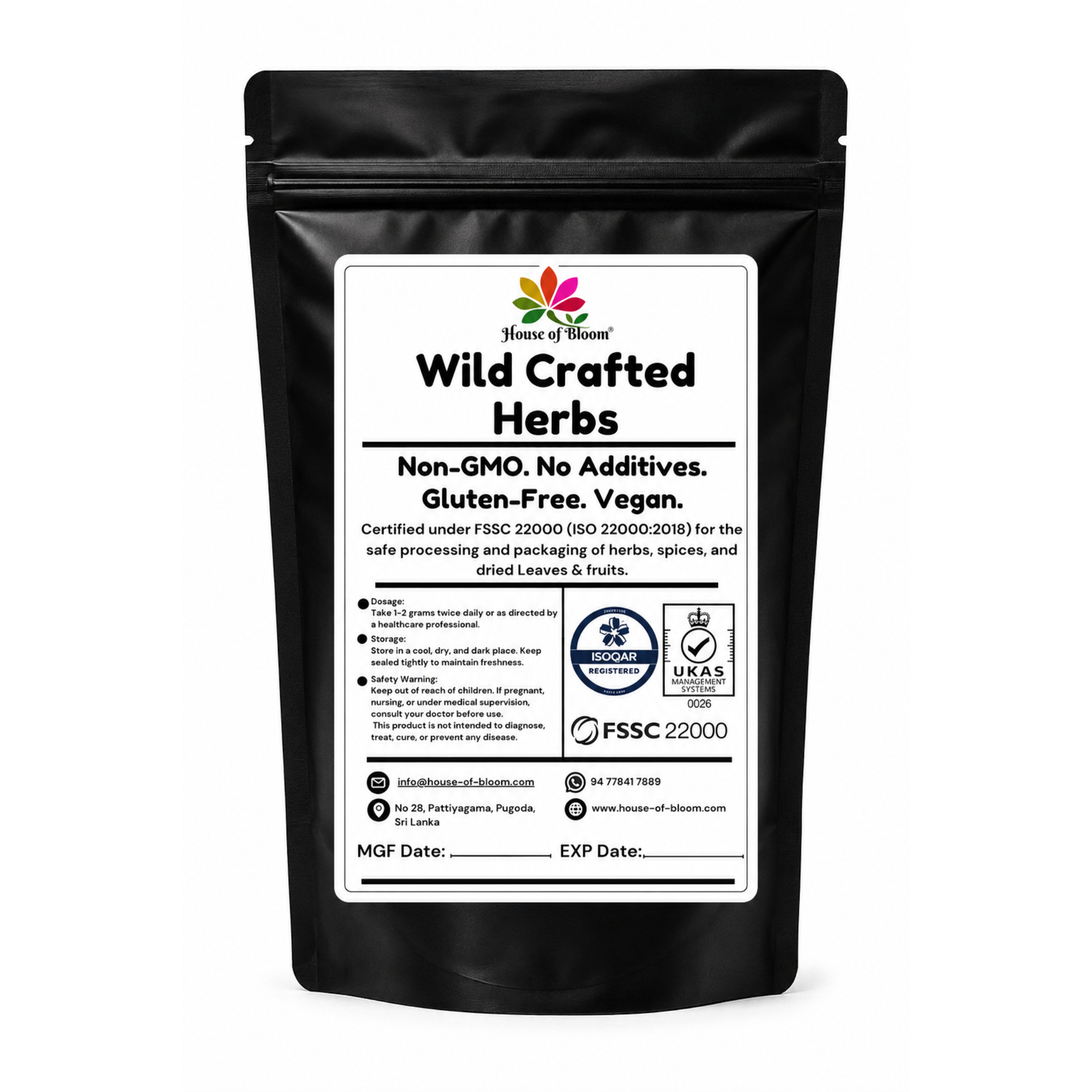 Moringa dried leaves pouch back label with certifications